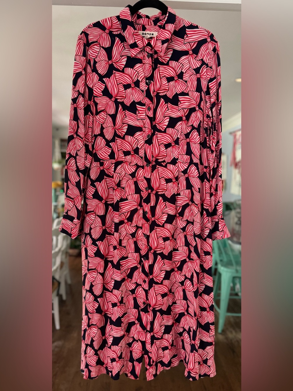 Boden Kate Midi Shirt Dress Navy Red Bow Abstract Geometric Print Long Sleeve